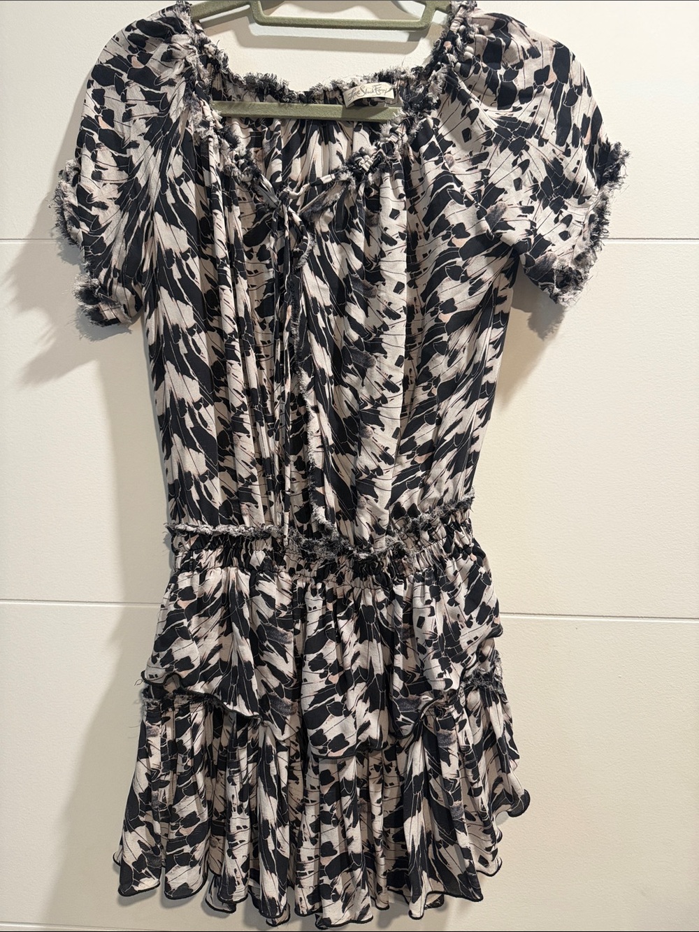 LoveShackFancy Black & White Printed Short Sleeve Mini Dress